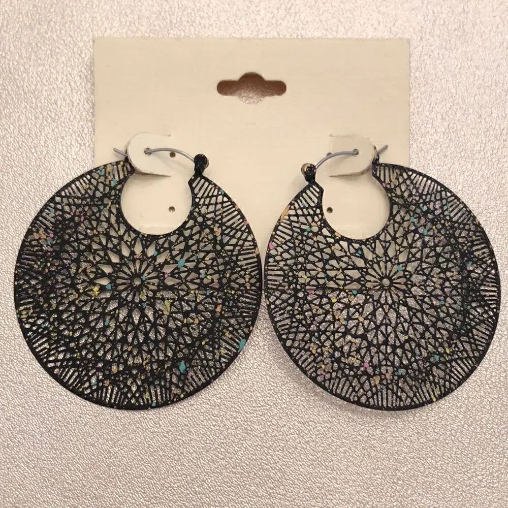 Black Filigree Hoops | Black with Multicolored Flecks | 2” Diameter